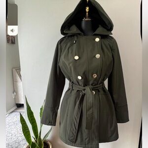 Guess Women's Double-Breasted Hooded Trench Coat - Dark Green